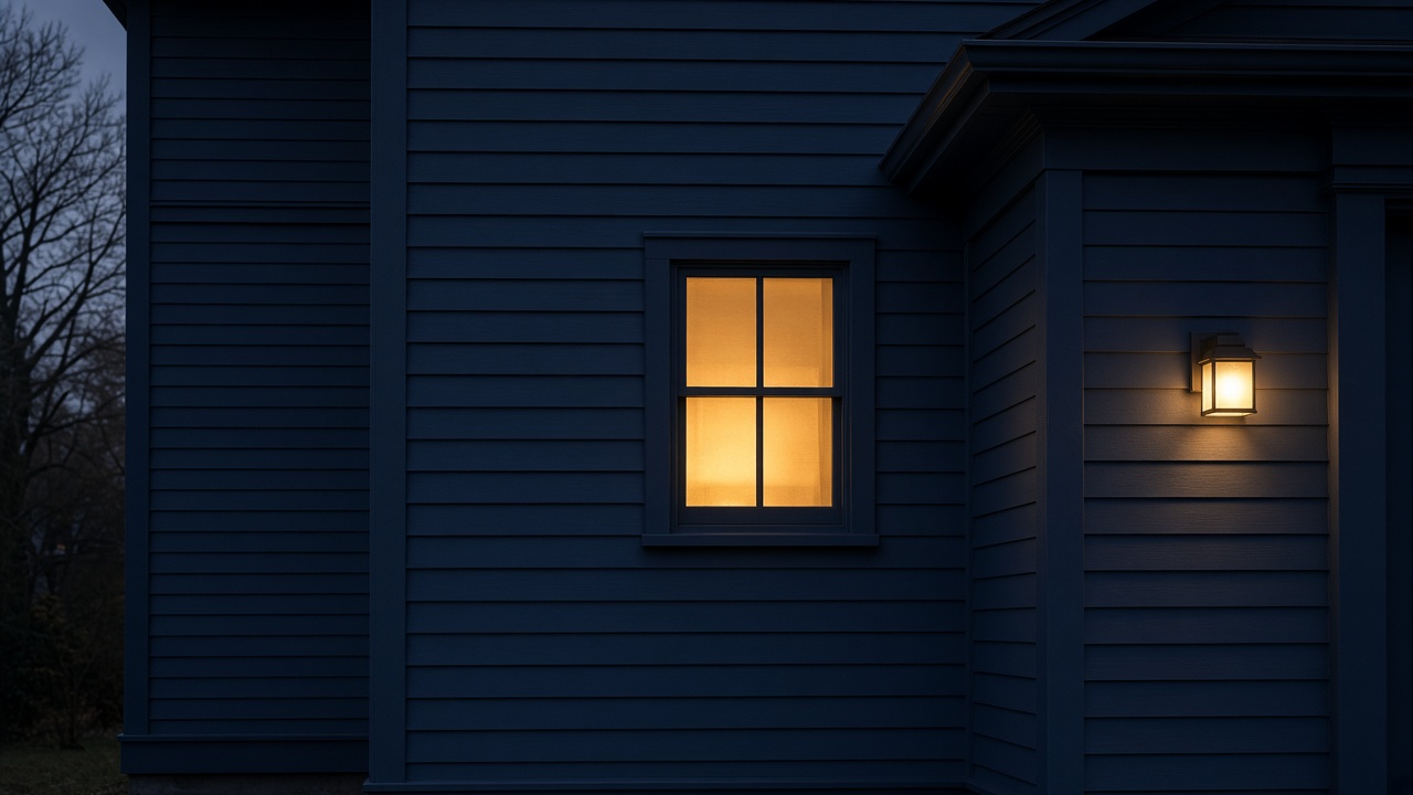 House elevation with a single warm window